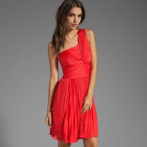 Halston Heritage One Shoulder Pleated Dress With Center Twist in Poppy.  SZ 0